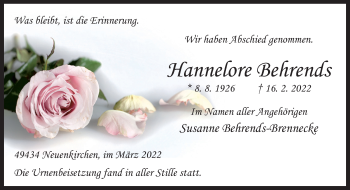 Traueranzeige von Hannelore Behrends von Neue Osnabrücker Zeitung GmbH & Co. KG