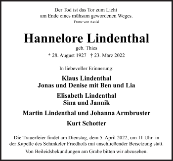 Traueranzeige von Hannelore Lindenthal von Neue Osnabrücker Zeitung GmbH & Co. KG