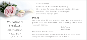 Traueranzeige von Hannelore Trecksel von Neue Osnabrücker Zeitung GmbH & Co. KG