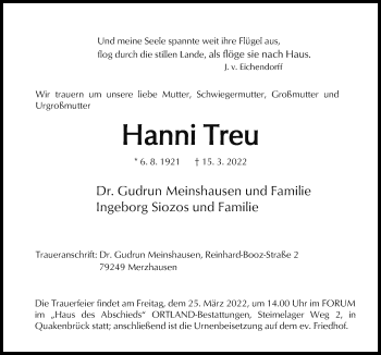 Traueranzeige von Hanni Treu von Neue Osnabrücker Zeitung GmbH & Co. KG