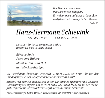 Traueranzeige von Hans-Hermann Schievink von Neue Osnabrücker Zeitung GmbH & Co. KG