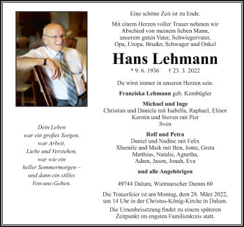 Traueranzeige von Hans Lehmann von Neue Osnabrücker Zeitung GmbH & Co. KG