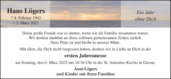 Traueranzeige von Hans Lögers von Neue Osnabrücker Zeitung GmbH & Co. KG