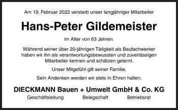 Traueranzeige von Hans-Peter Gildemeister von Neue Osnabrücker Zeitung GmbH & Co. KG