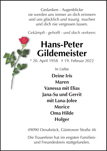 Traueranzeige von Hans-Peter Gildemeister von Neue Osnabrücker Zeitung GmbH & Co. KG