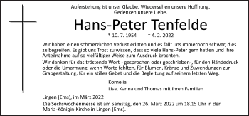 Traueranzeige von Hans-Peter Tenfelde von Neue Osnabrücker Zeitung GmbH & Co. KG