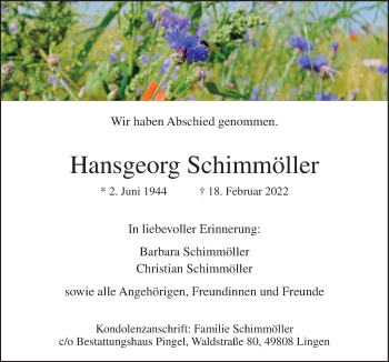 Traueranzeige von Hansgeorg Schimmöller von Neue Osnabrücker Zeitung GmbH & Co. KG