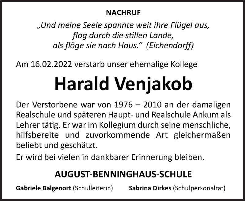  Traueranzeige für Harald Venjakob vom 15.03.2022 aus Neue Osnabrücker Zeitung GmbH & Co. KG
