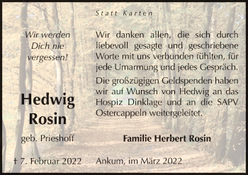 Traueranzeige von Hedwig Rosin von Neue Osnabrücker Zeitung GmbH & Co. KG