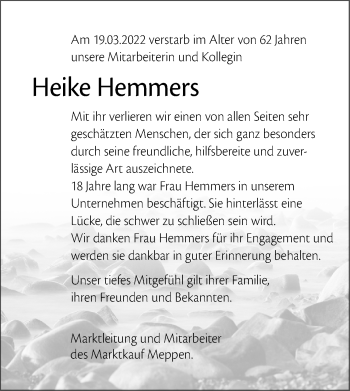 Traueranzeige von Heike Hemmers von Neue Osnabrücker Zeitung GmbH & Co. KG
