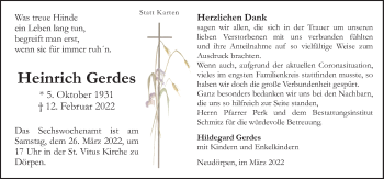 Traueranzeige von Heinrich Gerdes von Neue Osnabrücker Zeitung GmbH & Co. KG