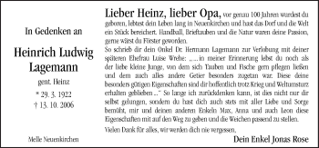 Traueranzeige von Heinrich Ludwig Lagemann von Neue Osnabrücker Zeitung GmbH & Co. KG