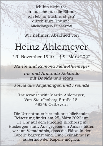 Traueranzeige von Heinz Ahlemeyer von Neue Osnabrücker Zeitung GmbH & Co. KG