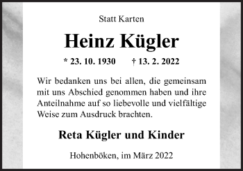 Traueranzeige von Heinz Kügler von Neue Osnabrücker Zeitung GmbH & Co. KG