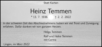 Traueranzeige von Heinz Temmen von Neue Osnabrücker Zeitung GmbH & Co. KG