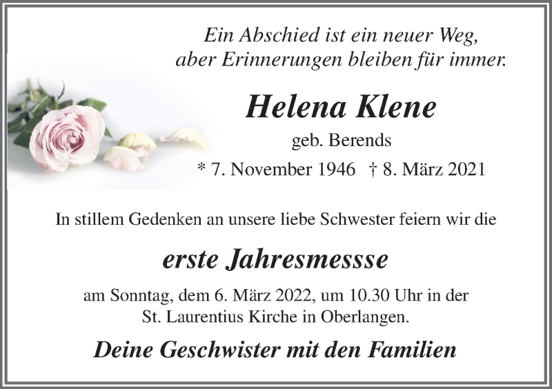  Traueranzeige für Helena Klene vom 02.03.2022 aus Neue Osnabrücker Zeitung GmbH & Co. KG