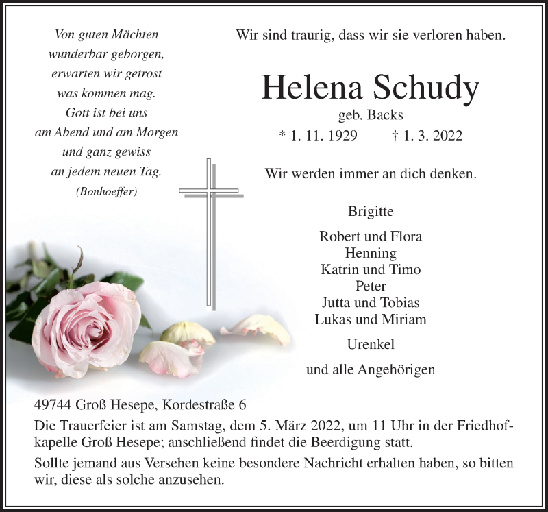  Traueranzeige für Helena Schudy vom 03.03.2022 aus Neue Osnabrücker Zeitung GmbH & Co. KG