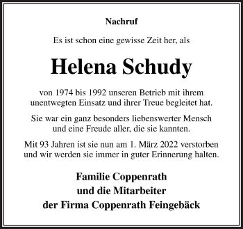 Traueranzeige von Helena Schudy von Neue Osnabrücker Zeitung GmbH & Co. KG