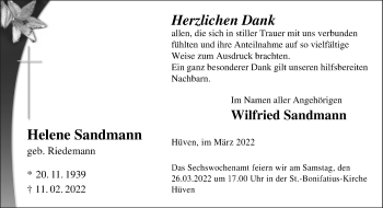 Traueranzeige von Helene Sandmann von Neue Osnabrücker Zeitung GmbH & Co. KG