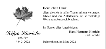 Traueranzeige von Helga Hinrichs von Neue Osnabrücker Zeitung GmbH & Co. KG