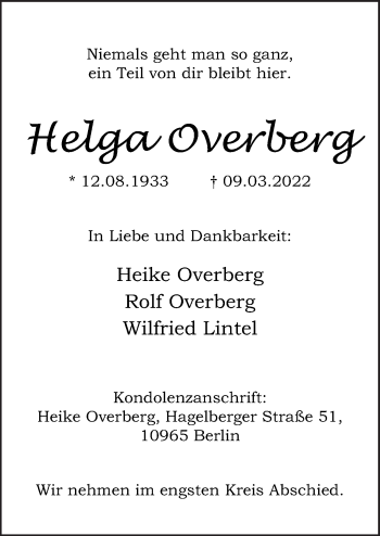 Traueranzeige von Helga Overberg von Neue Osnabrücker Zeitung GmbH & Co. KG