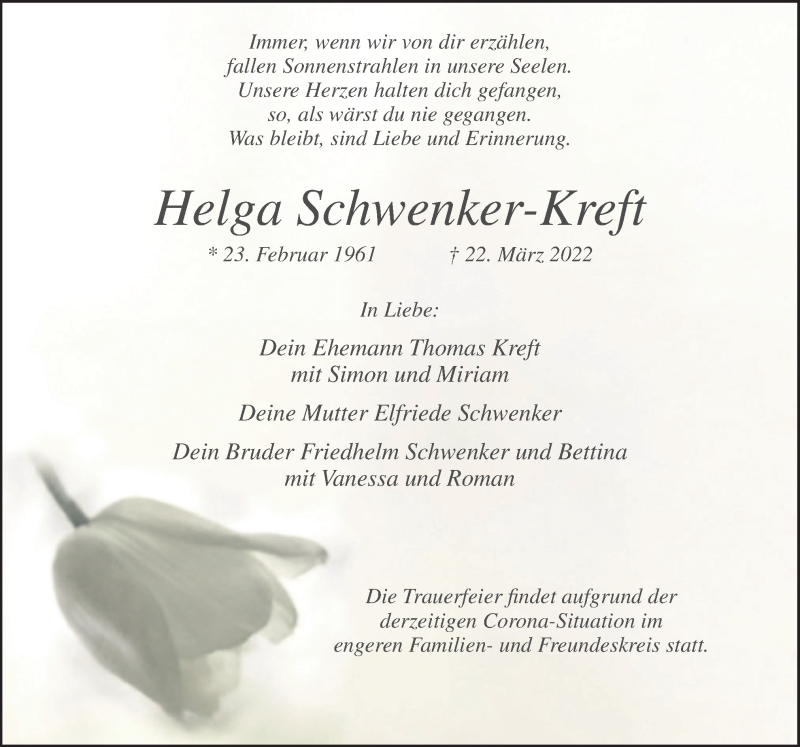  Traueranzeige für Helga Schwenker-Kreft vom 26.03.2022 aus Neue Osnabrücker Zeitung GmbH & Co. KG