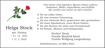 Traueranzeige von Helga Stock von Neue Osnabrücker Zeitung GmbH & Co. KG