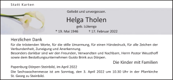 Traueranzeige von Helga Tholen von Neue Osnabrücker Zeitung GmbH & Co. KG