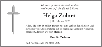 Traueranzeige von Helga Zohren von Neue Osnabrücker Zeitung GmbH & Co. KG