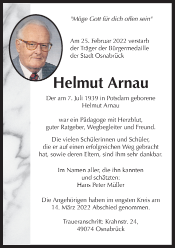 Traueranzeige von Helmut Arnau von Neue Osnabrücker Zeitung GmbH & Co. KG