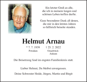 Traueranzeige von Helmut Arnau von Neue Osnabrücker Zeitung GmbH & Co. KG