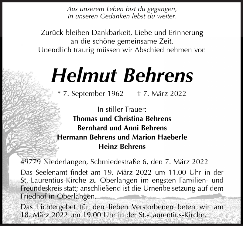  Traueranzeige für Helmut Behrens vom 11.03.2022 aus Neue Osnabrücker Zeitung GmbH & Co. KG