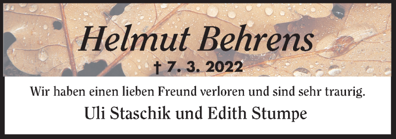  Traueranzeige für Helmut Behrens vom 12.03.2022 aus Neue Osnabrücker Zeitung GmbH & Co. KG