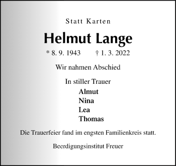 Traueranzeige von Helmut Lange von Neue Osnabrücker Zeitung GmbH & Co. KG