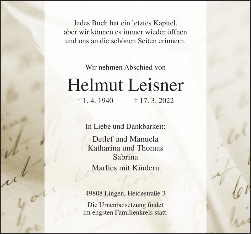  Traueranzeige für Helmut Leisner vom 26.03.2022 aus Neue Osnabrücker Zeitung GmbH & Co. KG