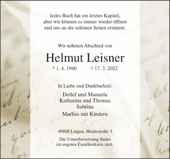Traueranzeige von Helmut Leisner von Neue Osnabrücker Zeitung GmbH & Co. KG