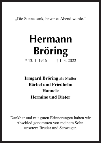 Traueranzeige von Hermann Bröring von Neue Osnabrücker Zeitung GmbH & Co. KG