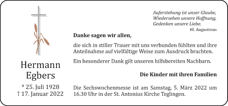  Traueranzeige für Hermann Egbers vom 02.03.2022 aus Neue Osnabrücker Zeitung GmbH & Co. KG