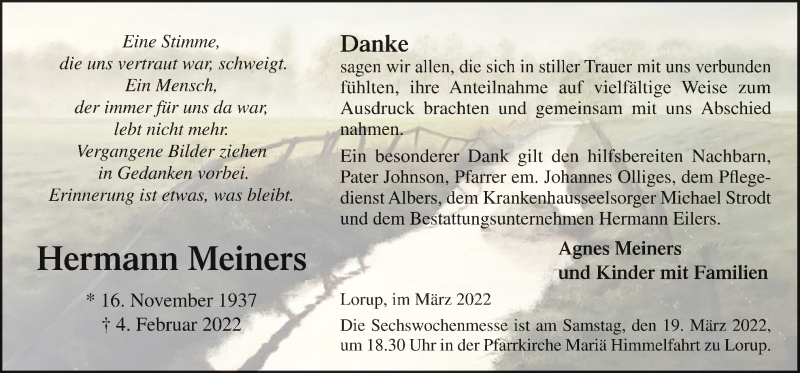  Traueranzeige für Hermann Meiners vom 16.03.2022 aus Neue Osnabrücker Zeitung GmbH & Co. KG