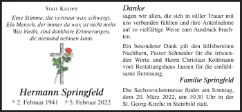 Traueranzeige von Hermann Springfeld von Neue Osnabrücker Zeitung GmbH & Co. KG