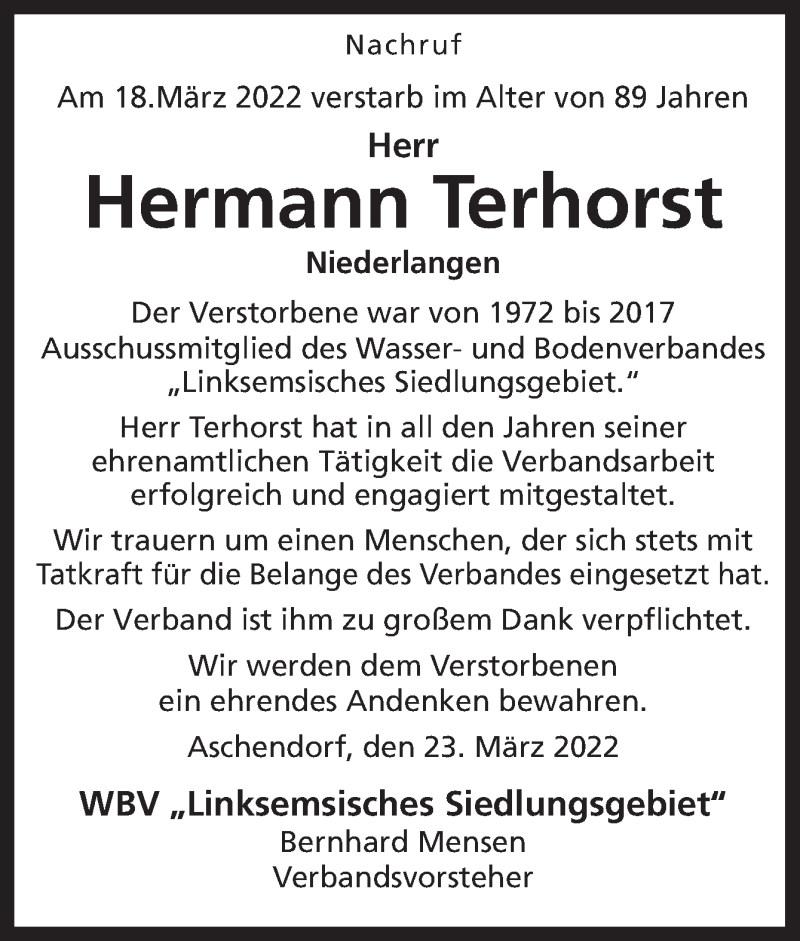  Traueranzeige für Hermann Terhorst vom 23.03.2022 aus Neue Osnabrücker Zeitung GmbH & Co. KG