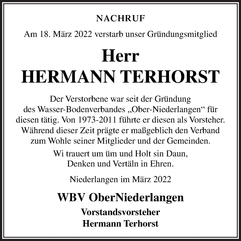  Traueranzeige für Hermann Terhorst vom 24.03.2022 aus Neue Osnabrücker Zeitung GmbH & Co. KG