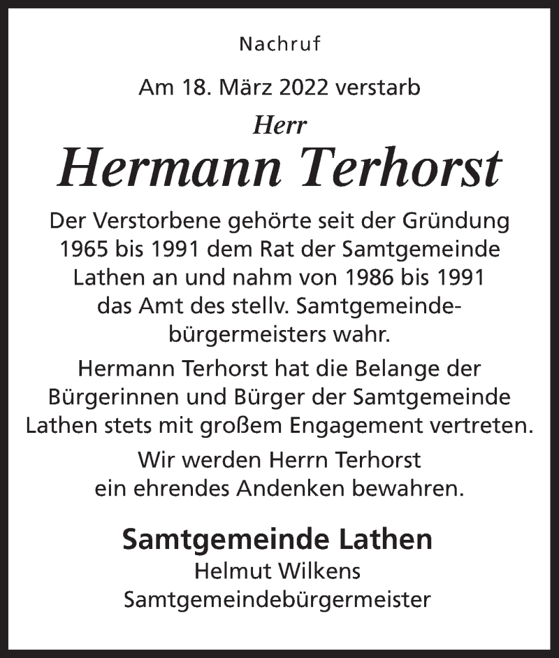  Traueranzeige für Hermann Terhorst vom 23.03.2022 aus Neue Osnabrücker Zeitung GmbH & Co. KG