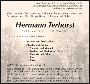 Traueranzeige von Hermann Terhorst von Neue Osnabrücker Zeitung GmbH & Co. KG