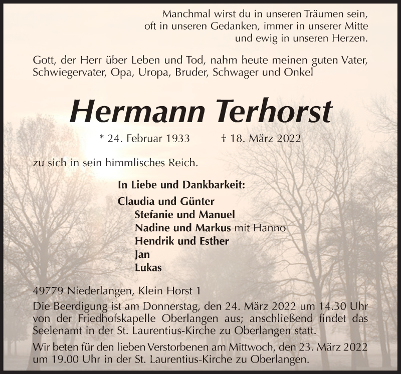  Traueranzeige für Hermann Terhorst vom 21.03.2022 aus Neue Osnabrücker Zeitung GmbH & Co. KG