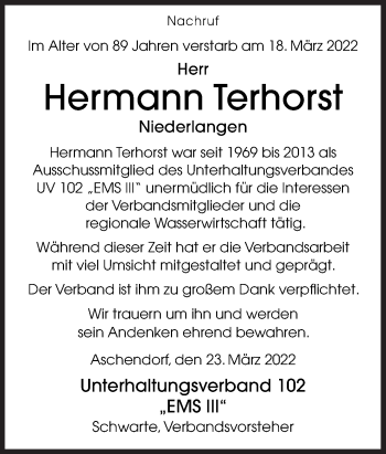 Traueranzeige von Hermann Terhorst von Neue Osnabrücker Zeitung GmbH & Co. KG