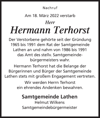 Traueranzeige von Hermann Terhorst von Neue Osnabrücker Zeitung GmbH & Co. KG