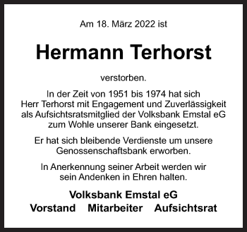 Traueranzeige von Hermann Terhorst von Neue Osnabrücker Zeitung GmbH & Co. KG