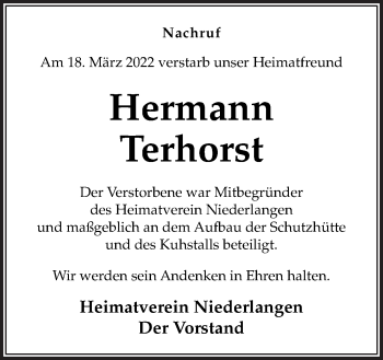 Traueranzeige von Hermann Terhorst von Neue Osnabrücker Zeitung GmbH & Co. KG