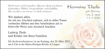 Traueranzeige von Hermine Thole von Neue Osnabrücker Zeitung GmbH & Co. KG